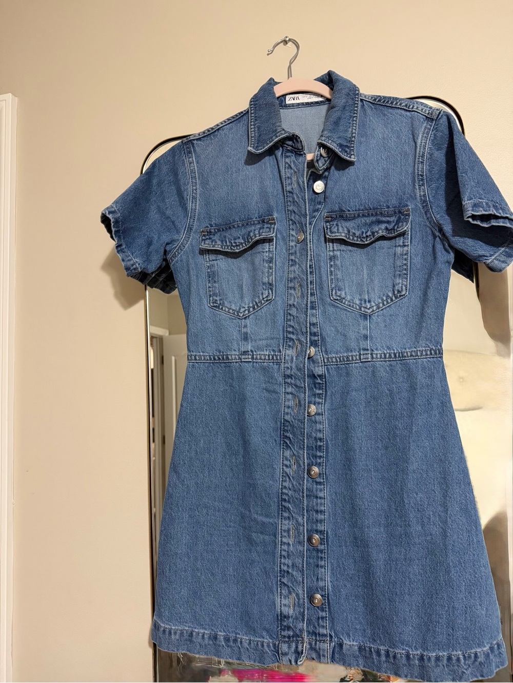 Zara Medium Blue Denim Button-Down Mini Dress but Medium small